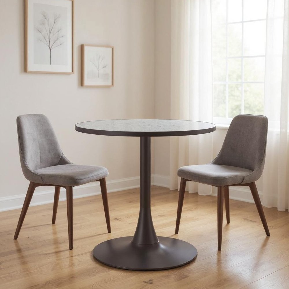 24" Gray and Bronze Wood and Steel Pedestal Base Round Top Dining Table