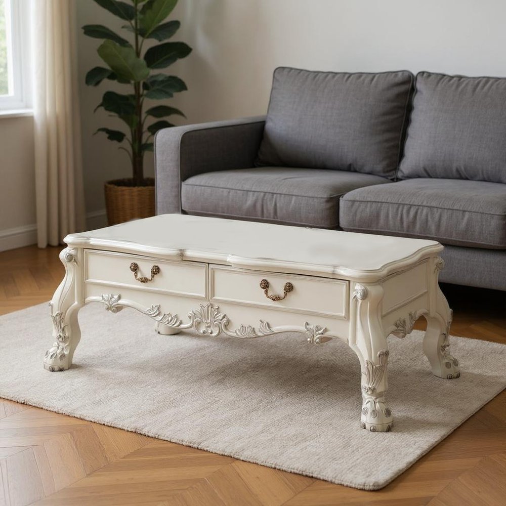 57" Bone Wood Coffee Table With Two Drawers