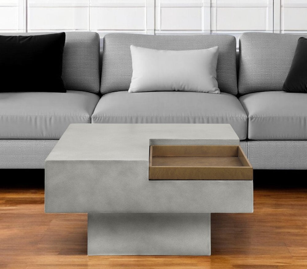 32" Gray Cement Square Distressed Pedestal Coffee Table