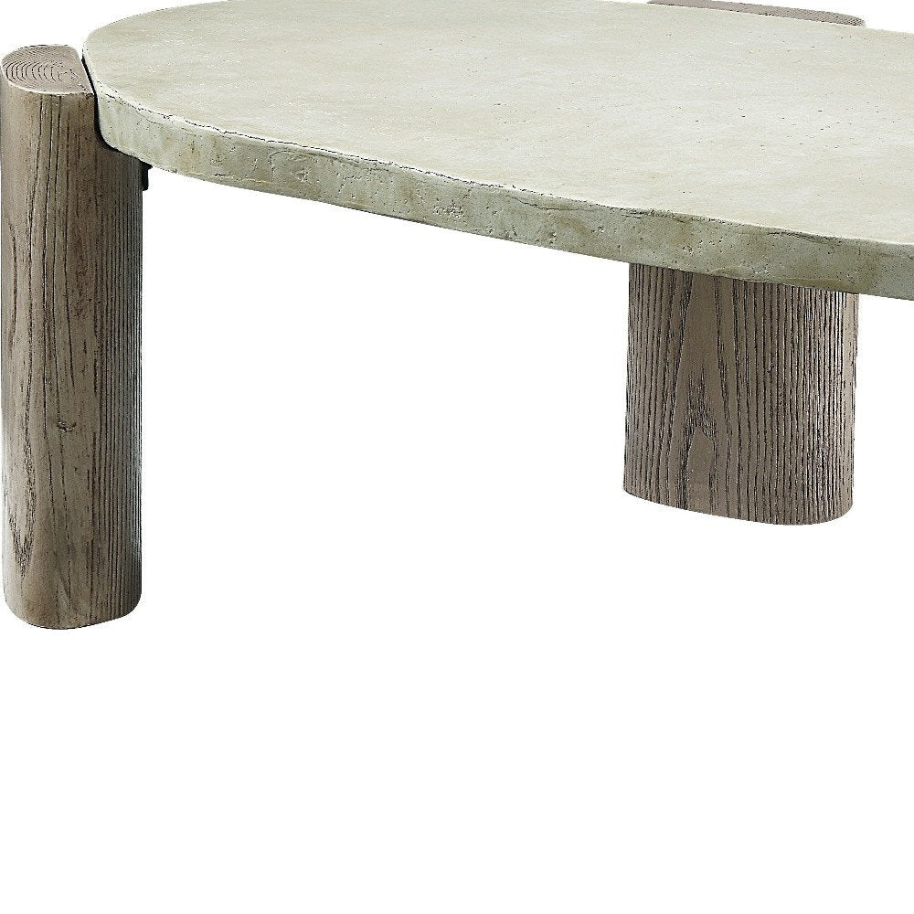 47" Beige and Oak Distressed Cement Oval Coffee Table
