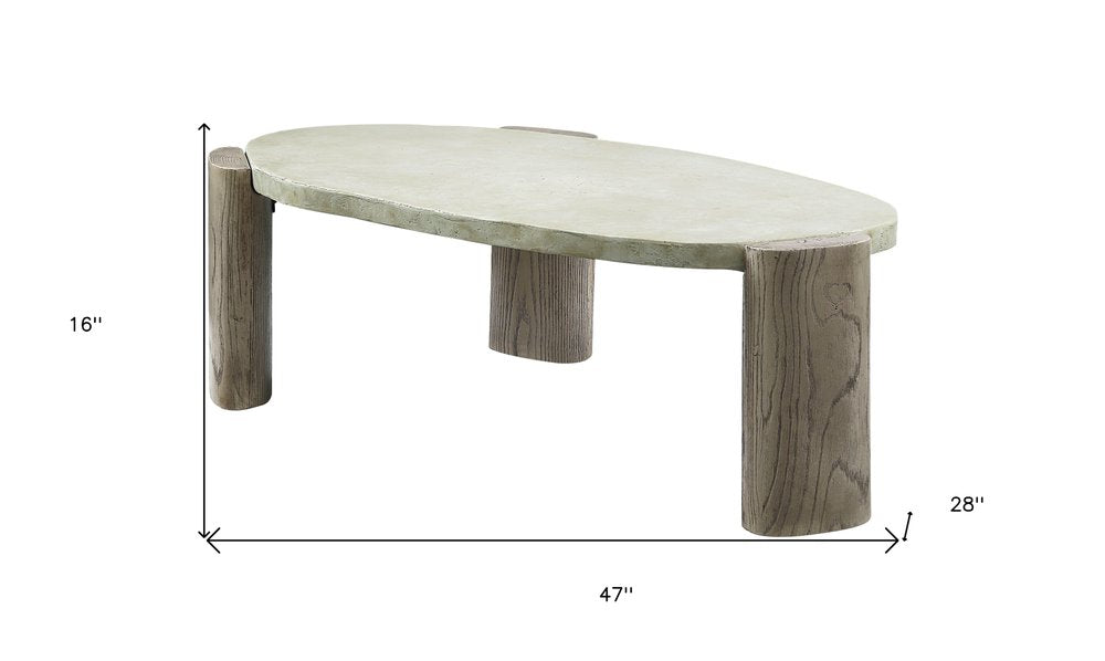 47" Beige and Oak Distressed Cement Oval Coffee Table