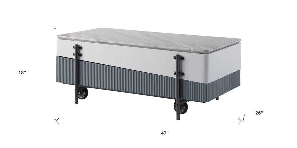 47" Gray White and Black Faux Marble Wood and Steel Lift Top Coffee Table