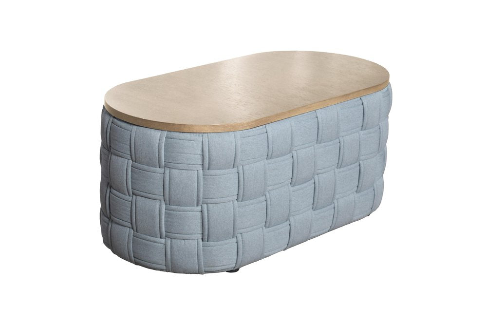 41" Natural and Blue Wood And Woven Fabric Oval Coffee Table