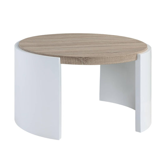 33" Oak and White Wood Round Partial Frame Coffee Table