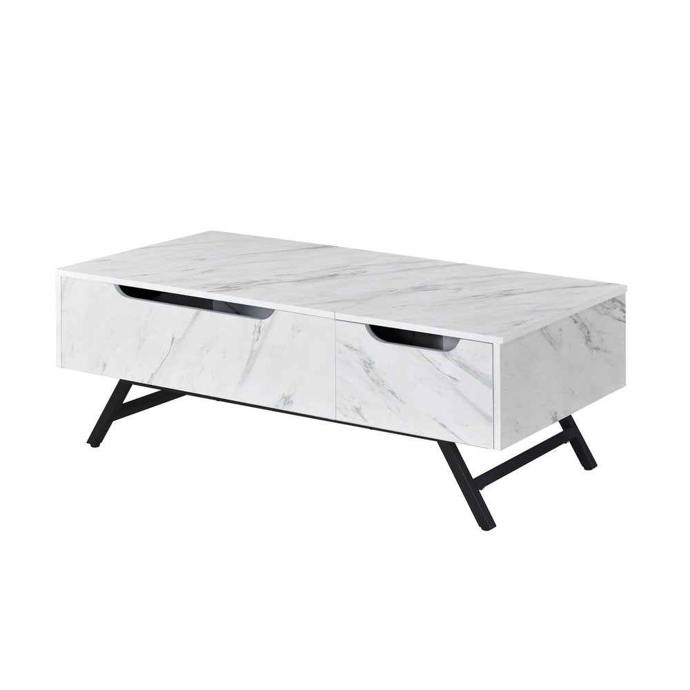 48" White and Black Wood and Steel Lift Top Coffee Table With Drawer