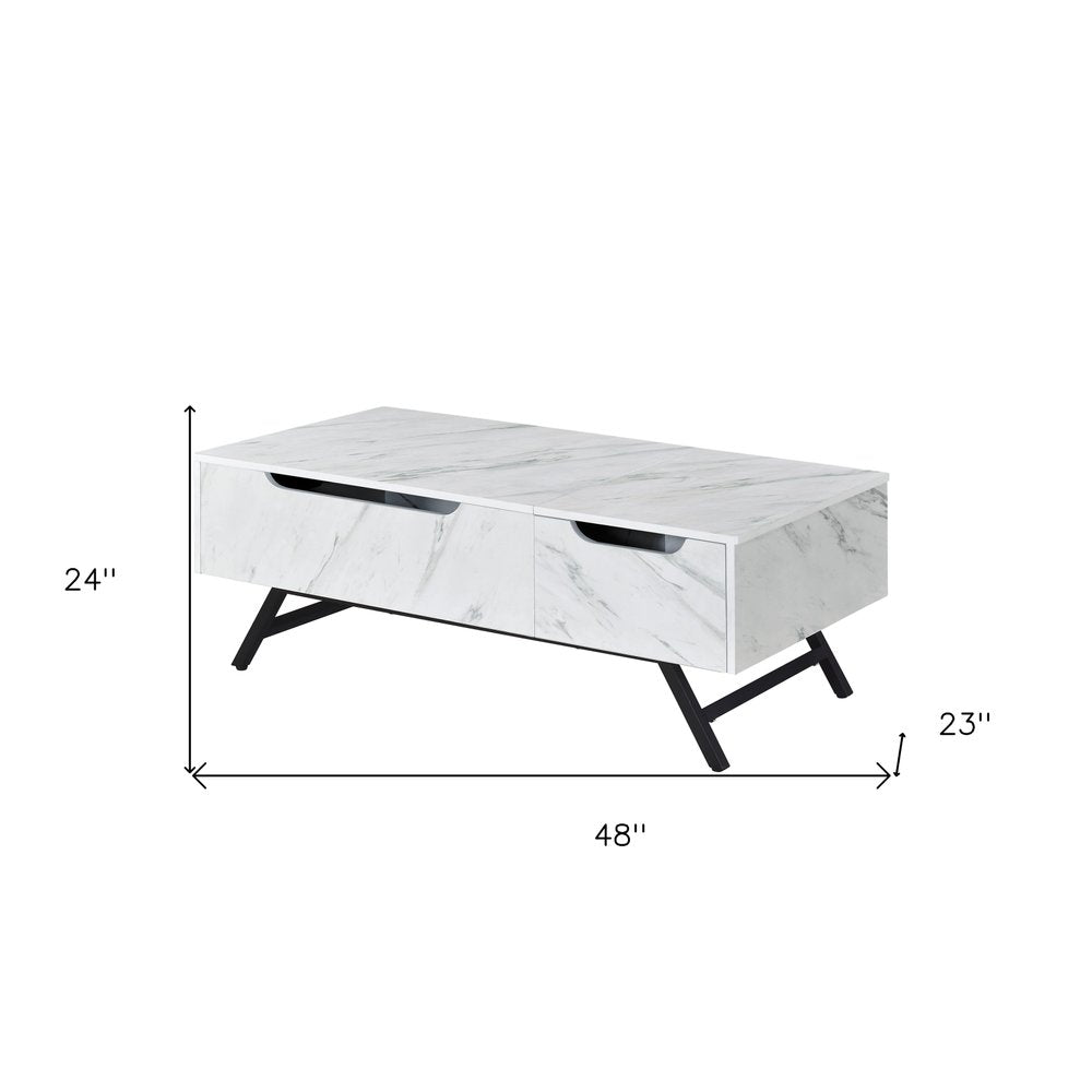 48" White and Black Wood and Steel Lift Top Coffee Table With Drawer