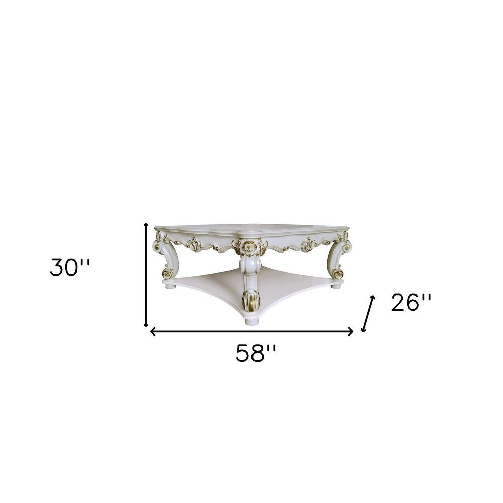 58" Ivory and Gold Wood Square Coffee Table With Shelf