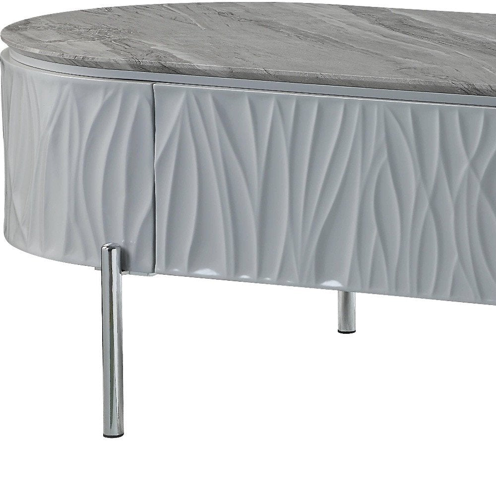47" Gray Wood and Steel Oval Coffee Table With Drawer