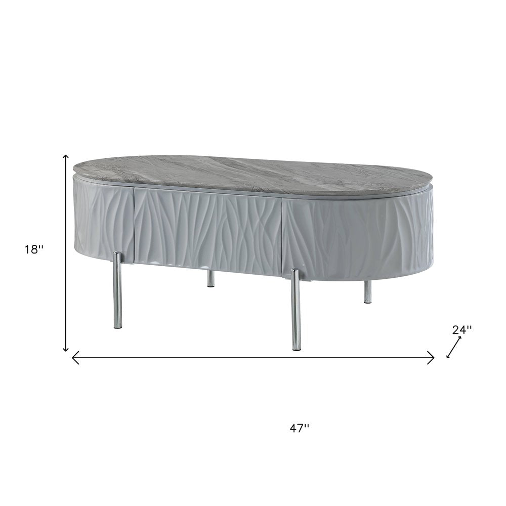 47" Gray Wood and Steel Oval Coffee Table With Drawer