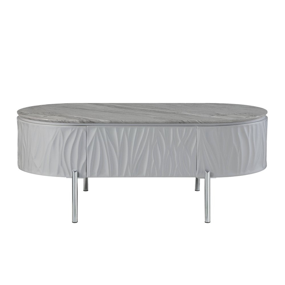 47" Gray Wood and Steel Oval Coffee Table With Drawer