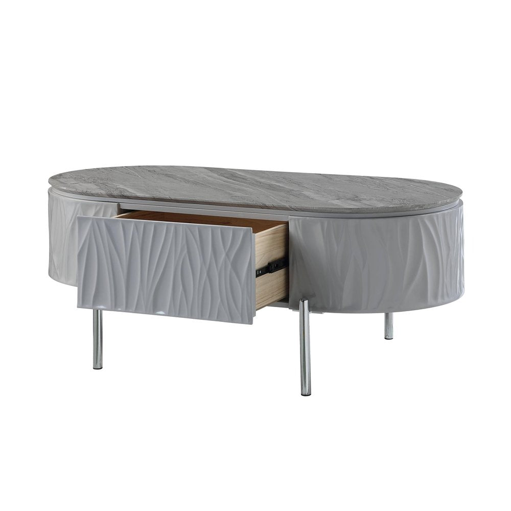 47" Gray Wood and Steel Oval Coffee Table With Drawer