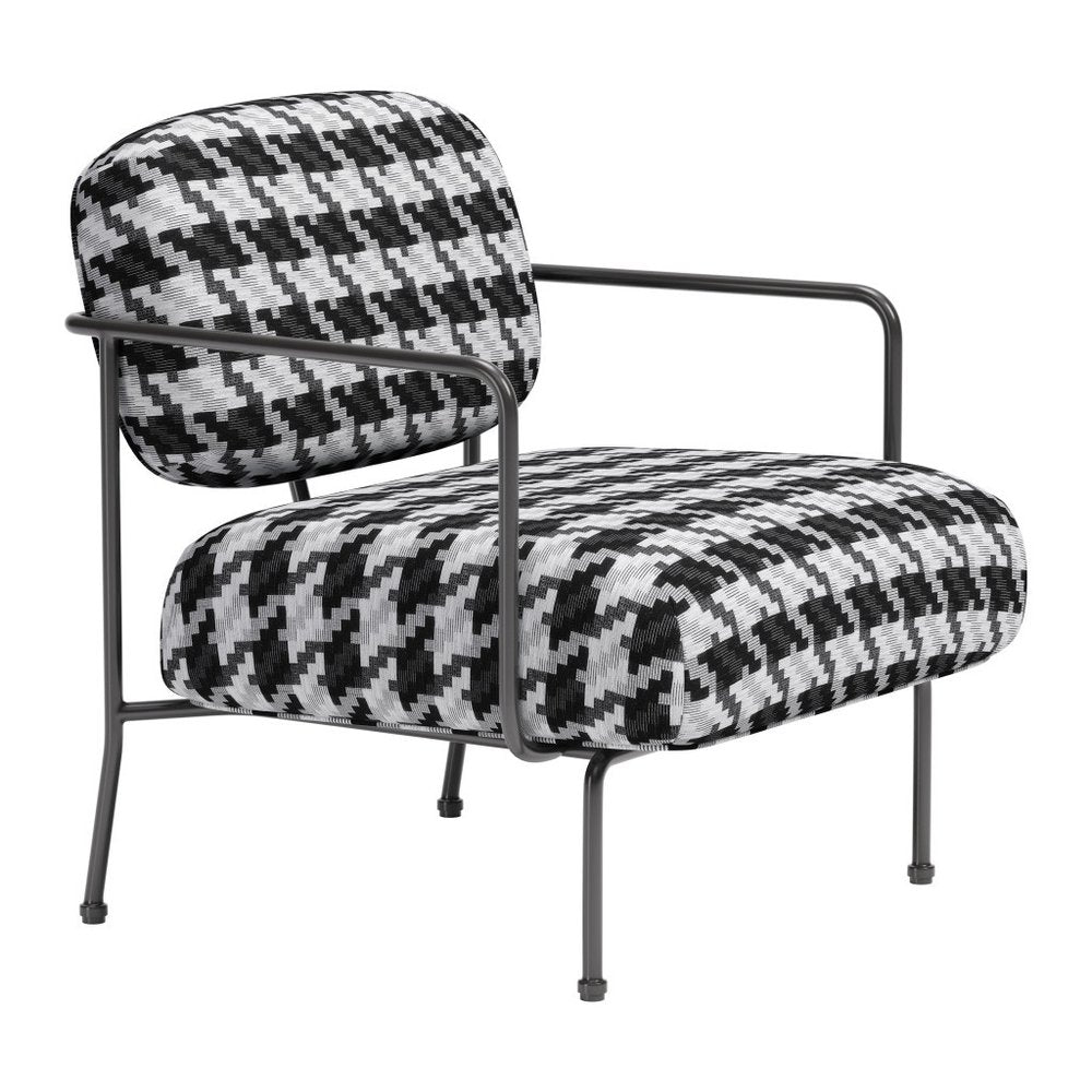 29" Black And White And Black Upholstered Houndstooth Arm Chair