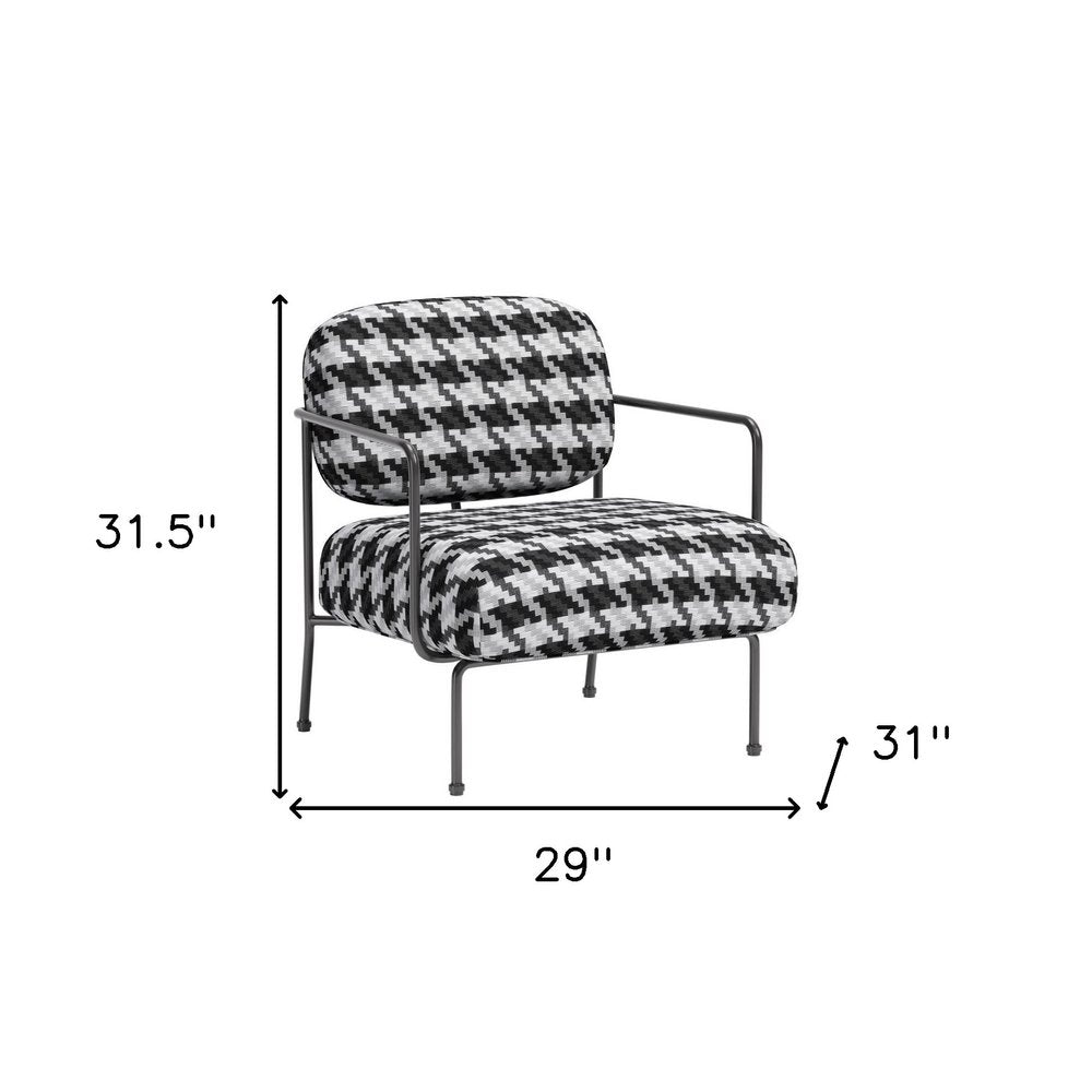 29" Black And White And Black Upholstered Houndstooth Arm Chair