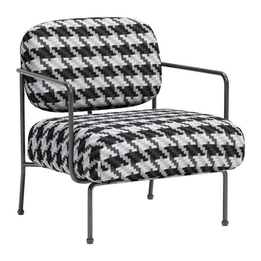 29" Black And White And Black Upholstered Houndstooth Arm Chair