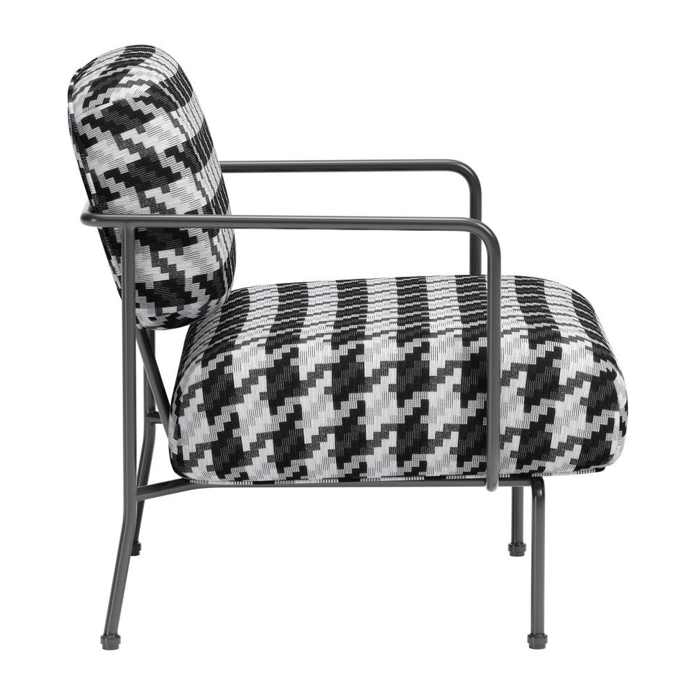 29" Black And White And Black Upholstered Houndstooth Arm Chair