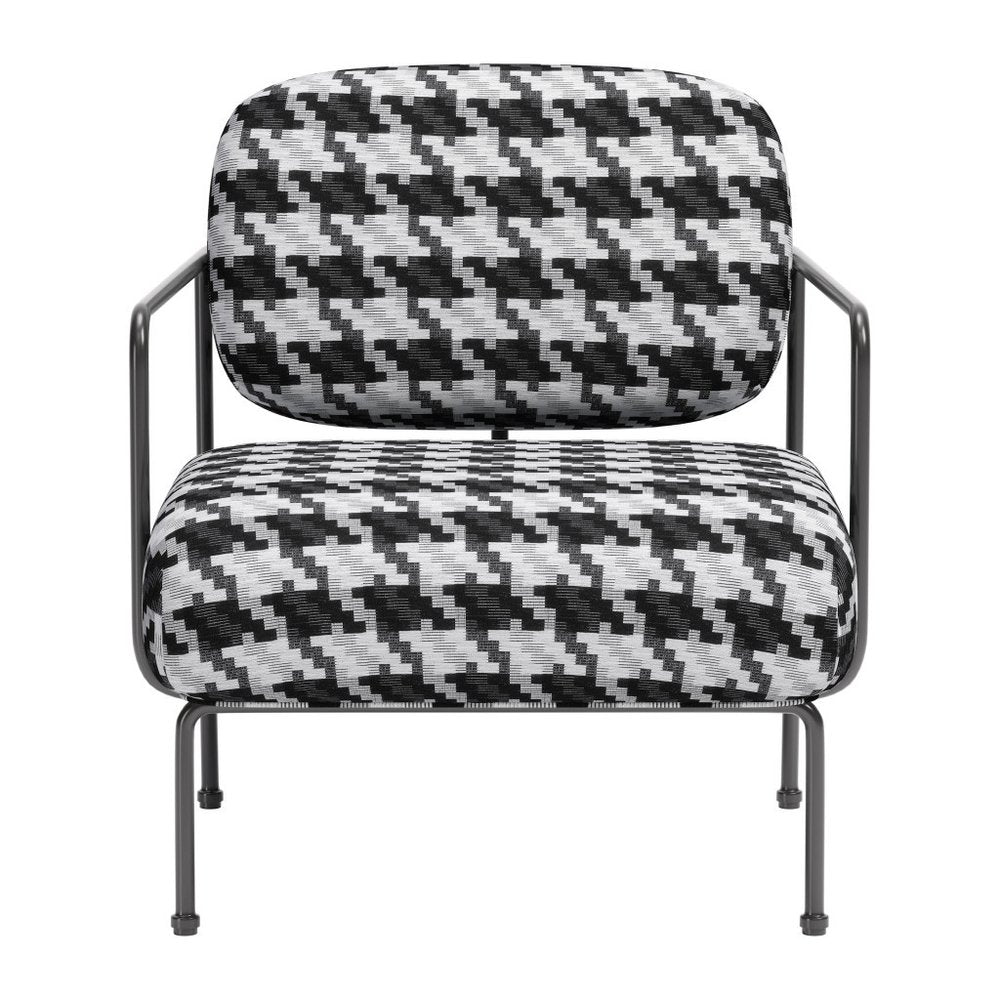 29" Black And White And Black Upholstered Houndstooth Arm Chair