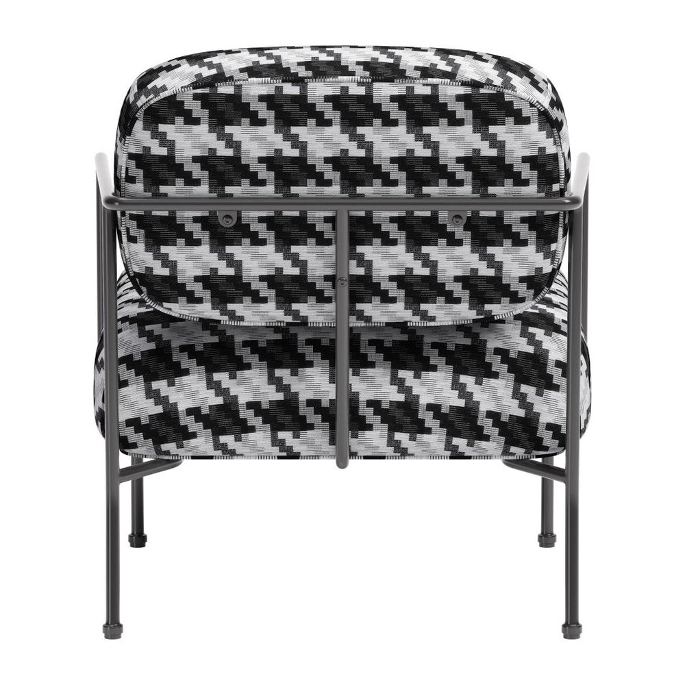29" Black And White And Black Upholstered Houndstooth Arm Chair