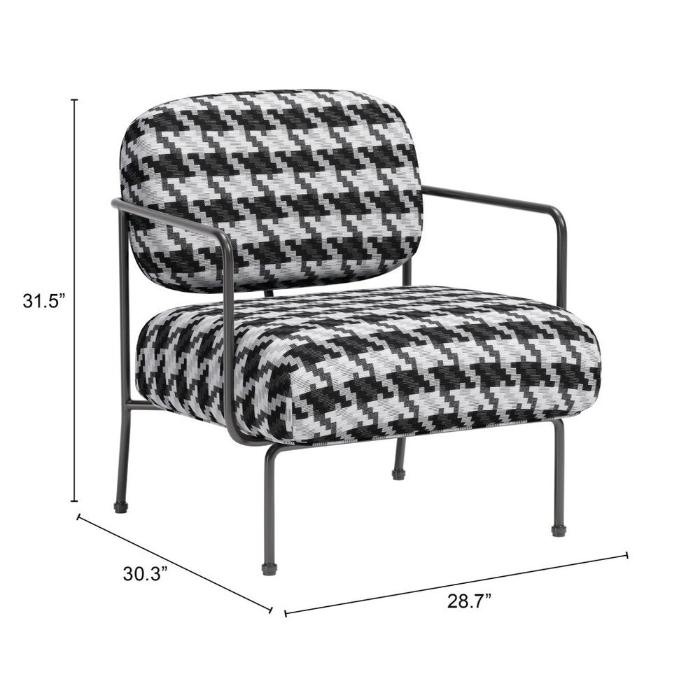 29" Black And White And Black Upholstered Houndstooth Arm Chair
