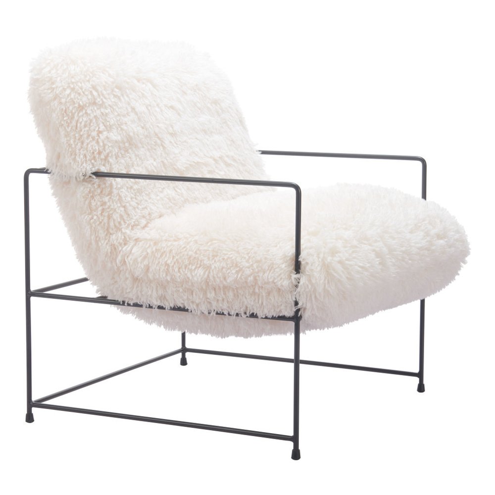 30" White And Black Sherpa And Upholstered Arm Chair