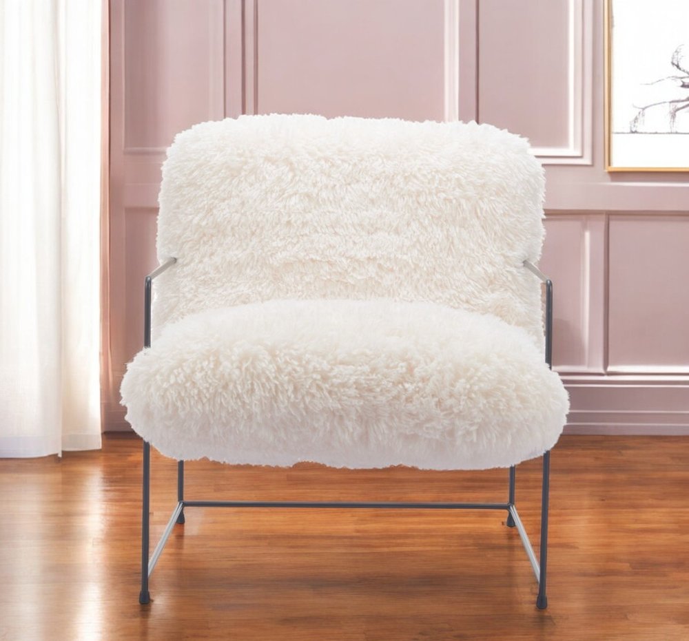 30" White And Black Sherpa And Upholstered Arm Chair