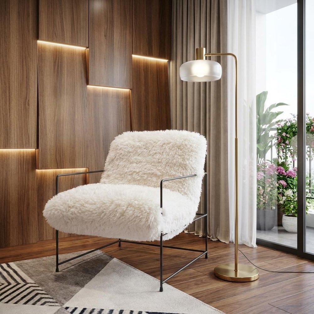 30" White And Black Sherpa And Upholstered Arm Chair