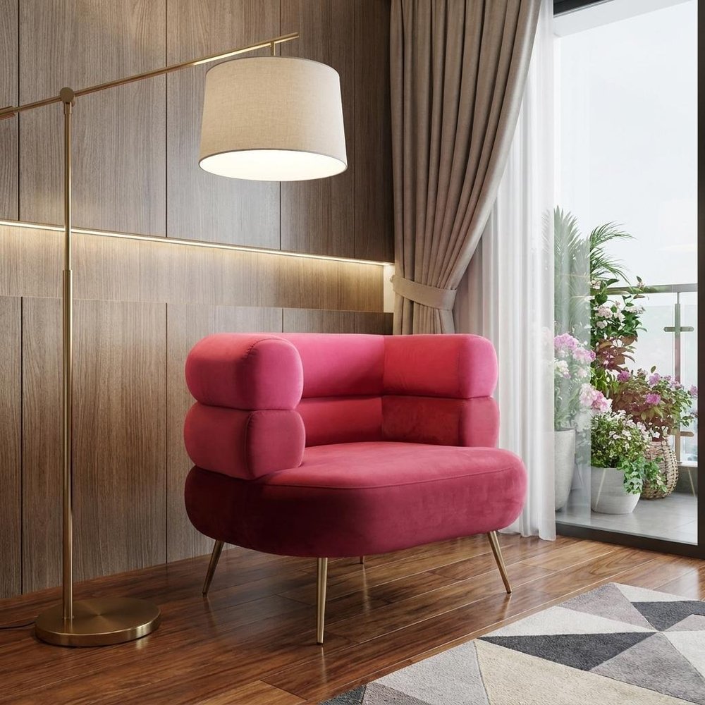 41" Red And Gold Velvet And Upholstered Arm Chair