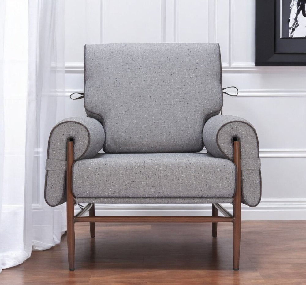 34" Gray And Brown Upholstered Arm Chair