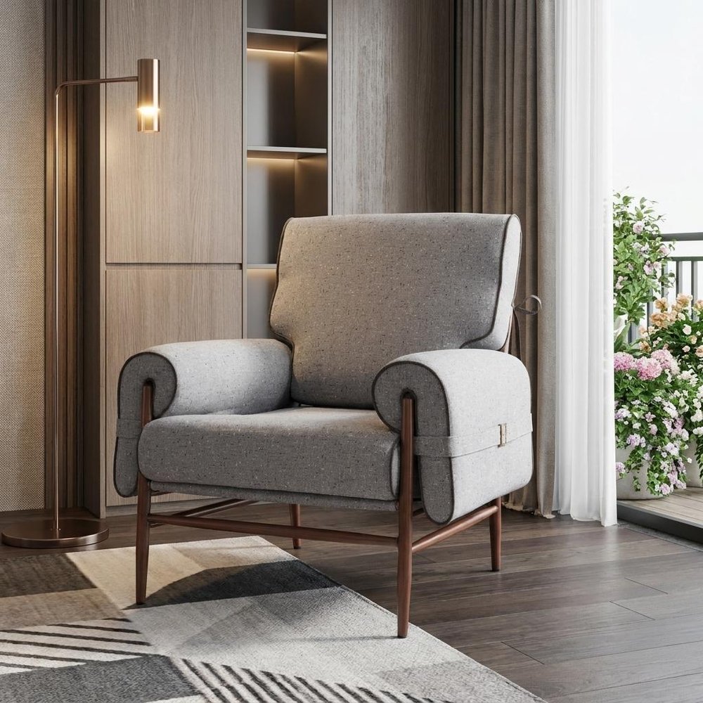 34" Gray And Brown Upholstered Arm Chair