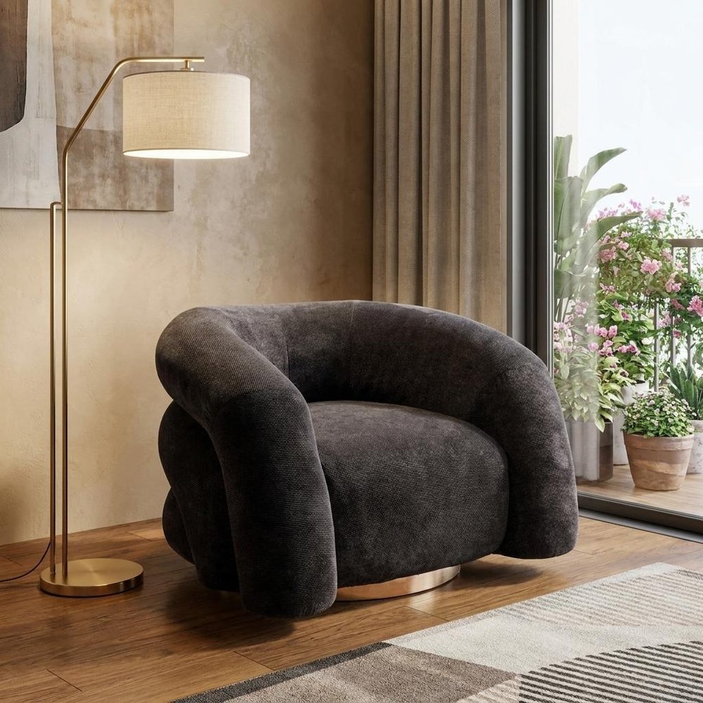 37" Black And Gold Faux Shearling And Upholstered Arm Chair