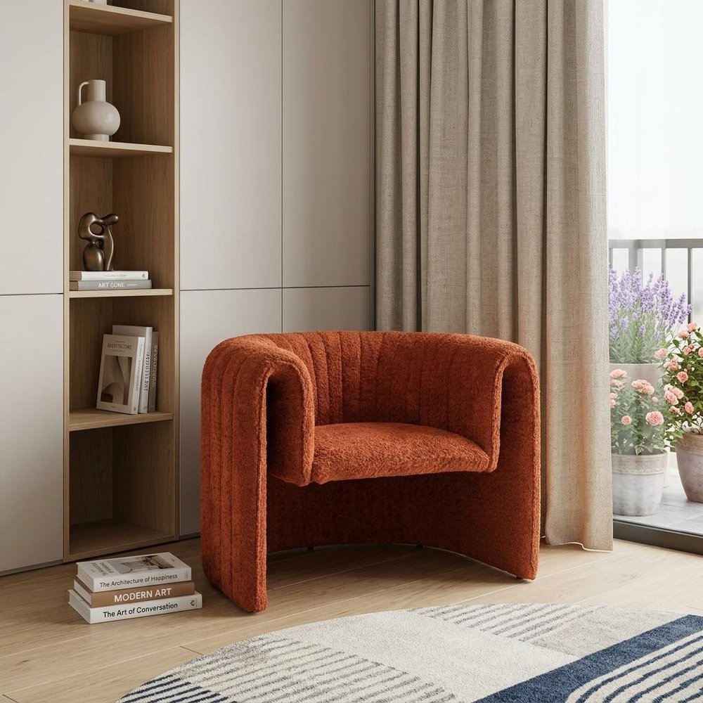 37" Burnt Orange Sherpa And Upholstered Tufted Arm Chair