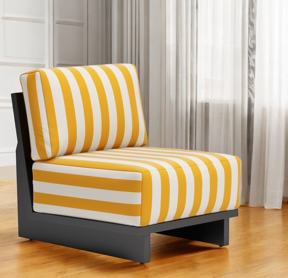 27" White And Yellow And Black Fabric Striped Side Chair