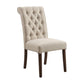 Set of Two Tufted Beige and Brown Upholstered Linen And Solid Wood Dining Side Chairs
