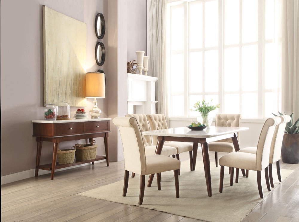 Set of Two Tufted Beige and Brown Upholstered Linen And Solid Wood Dining Side Chairs