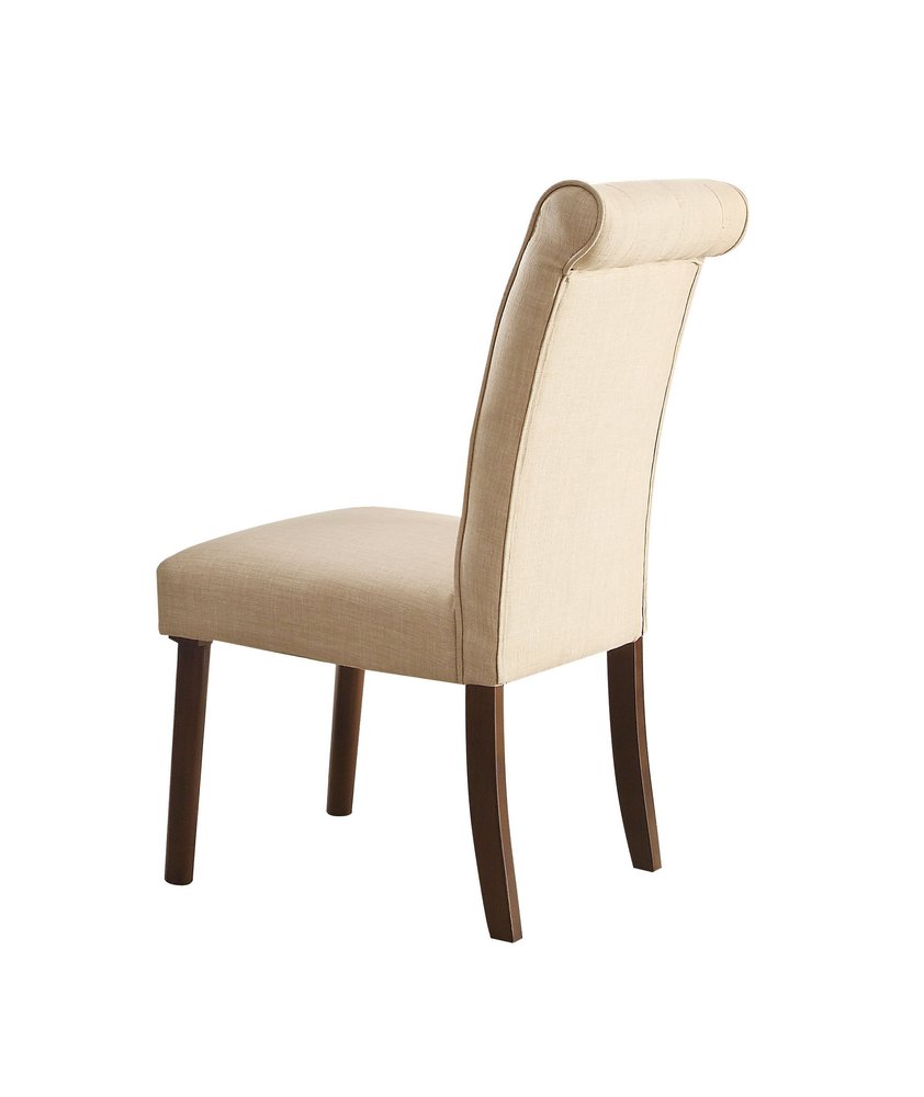 Set of Two Tufted Beige and Brown Upholstered Linen And Solid Wood Dining Side Chairs