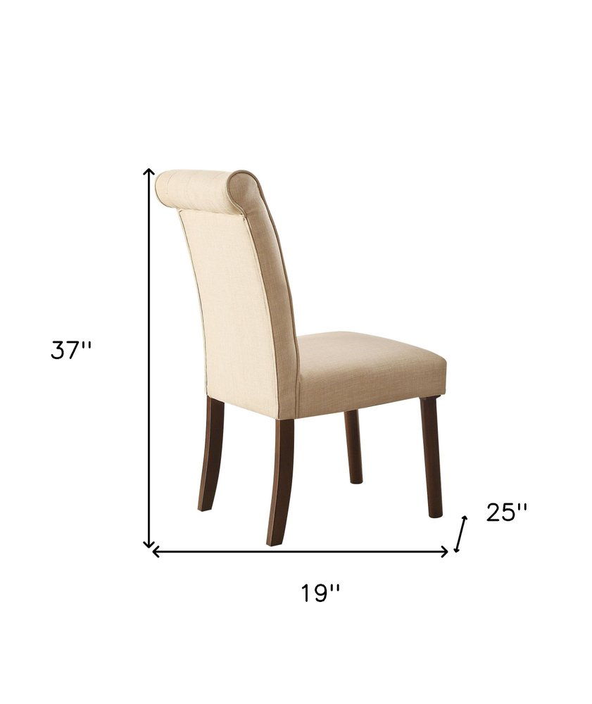 Set of Two Tufted Beige and Brown Upholstered Linen And Solid Wood Dining Side Chairs