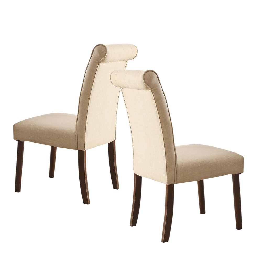Set of Two Tufted Beige and Brown Upholstered Linen And Solid Wood Dining Side Chairs