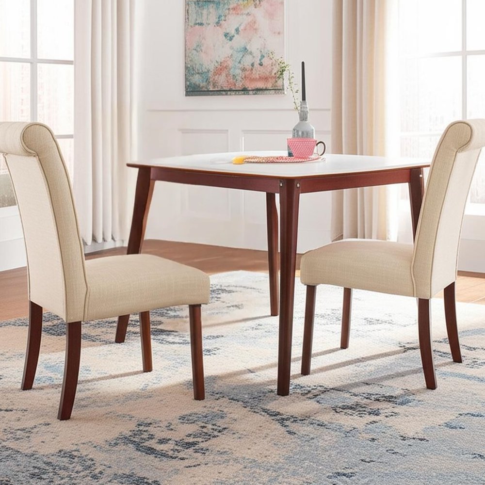 Set of Two Tufted Beige and Brown Upholstered Linen And Solid Wood Dining Side Chairs