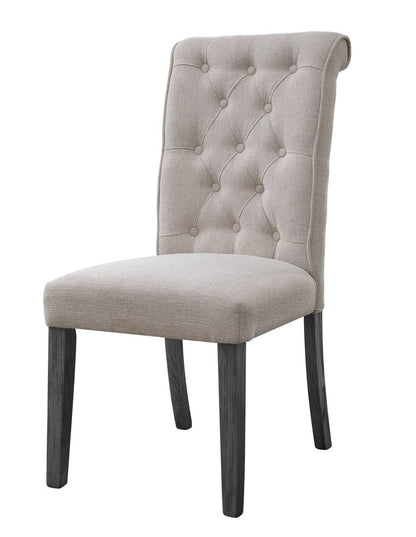 Set of Two Tufted Beige and Gray Upholstered Linen And Solid Wood Dining Side Chairs