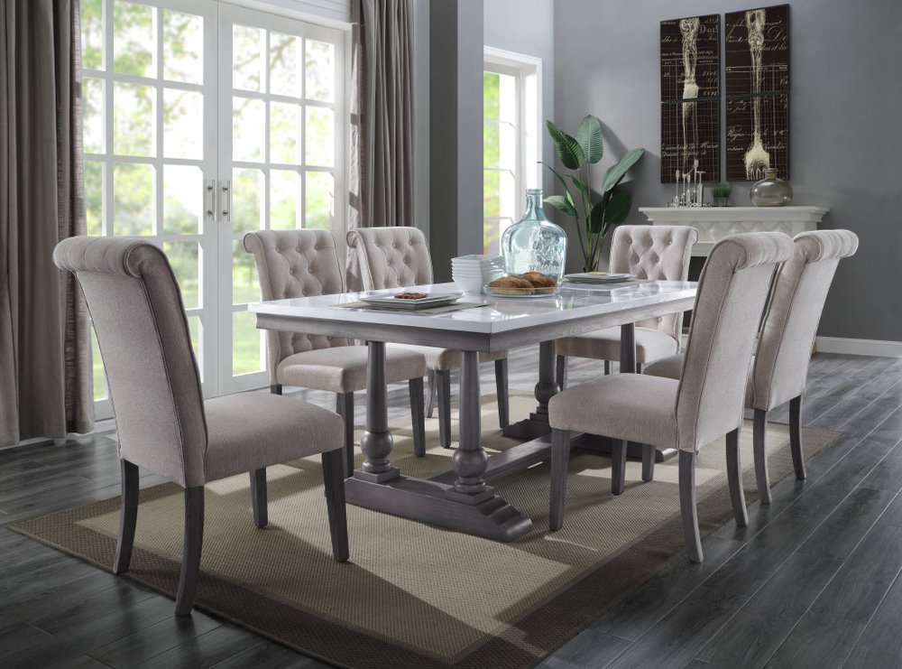 Set of Two Tufted Beige and Gray Upholstered Linen And Solid Wood Dining Side Chairs