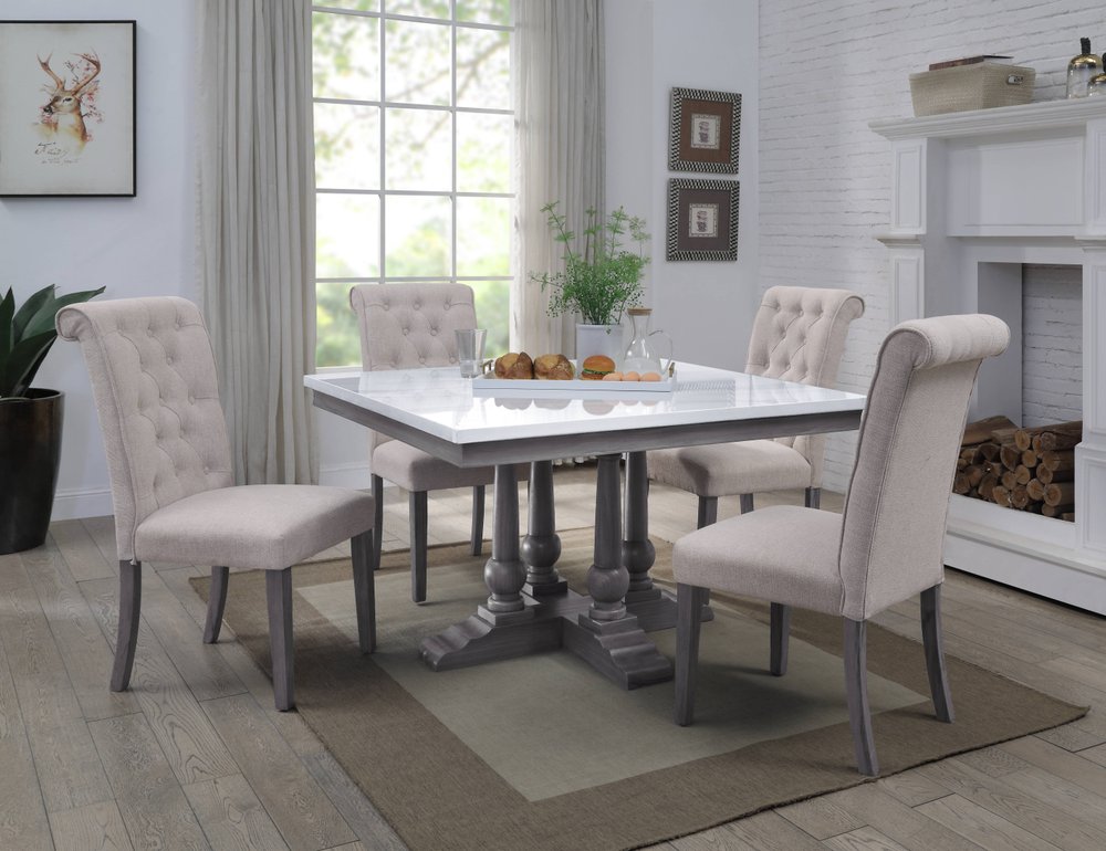 Set of Two Tufted Beige and Gray Upholstered Linen And Solid Wood Dining Side Chairs