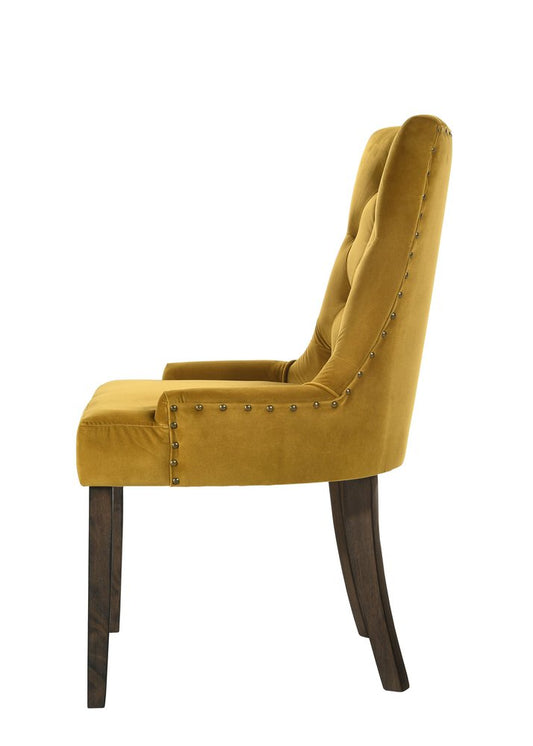 Set of Two Tufted Yellow and Espresso Upholstered Velvet And Solid Wood Dining Side Chairs
