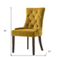Set of Two Tufted Yellow and Espresso Upholstered Velvet And Solid Wood Dining Side Chairs