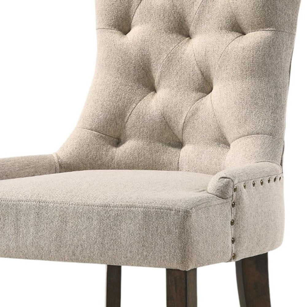 Set of Two Tufted Beige and Oak Upholstered Fabric And Solid Wood Dining Side Chairs