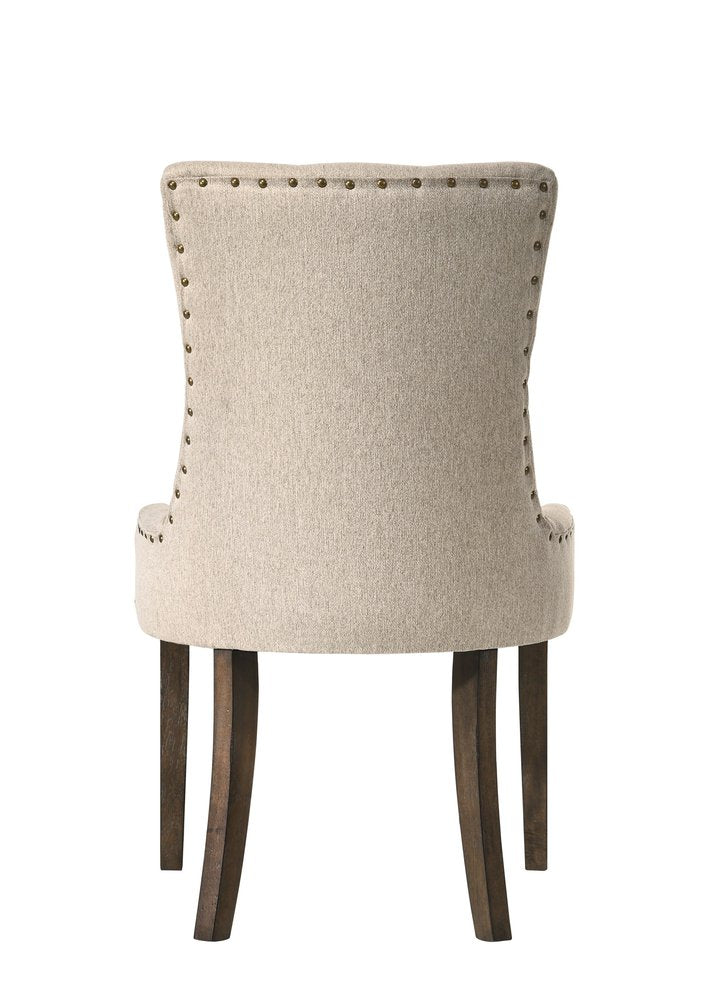 Set of Two Tufted Beige and Oak Upholstered Fabric And Solid Wood Dining Side Chairs