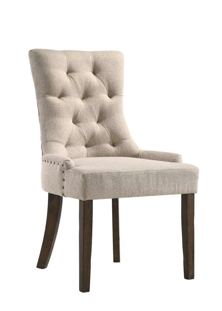 Set of Two Tufted Beige and Oak Upholstered Fabric And Solid Wood Dining Side Chairs