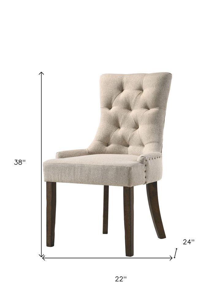 Set of Two Tufted Beige and Oak Upholstered Fabric And Solid Wood Dining Side Chairs