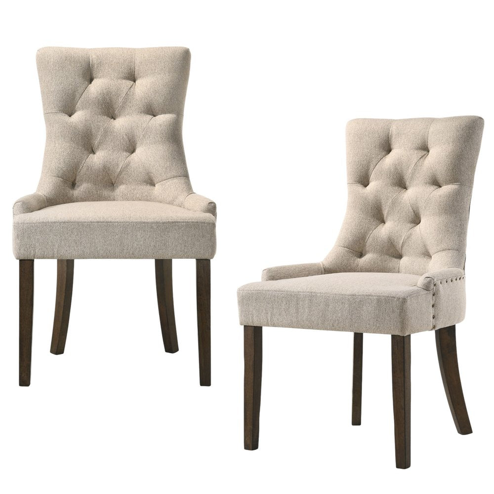 Set of Two Tufted Beige and Oak Upholstered Fabric And Solid Wood Dining Side Chairs