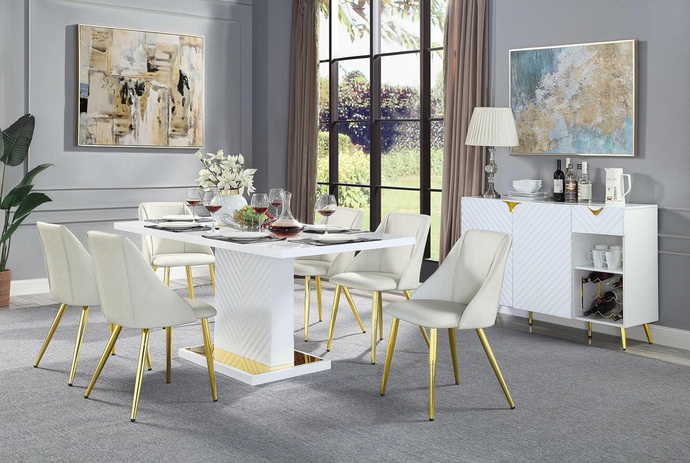 Set of Two White and Gold Upholstered Faux Leather And Metal Dining Side Chairs