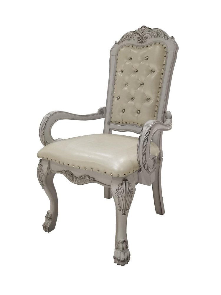 Set of Two Tufted White Upholstered Faux Leather And Wood Dining Arm Chairs
