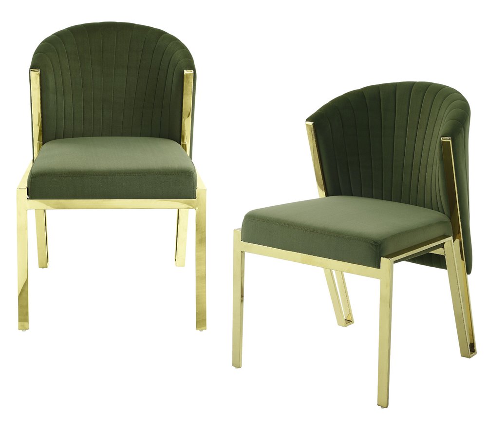 Set of Two Green and Gold Upholstered Velvet And Steel Wing Back Dining Side Chairs